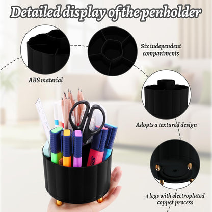 360 Rotating Pencil Pen Holder for Desk, White Pen Organizer with 6 Slots, Cute Office Supplies, Desk Accessories for Office, School, Home