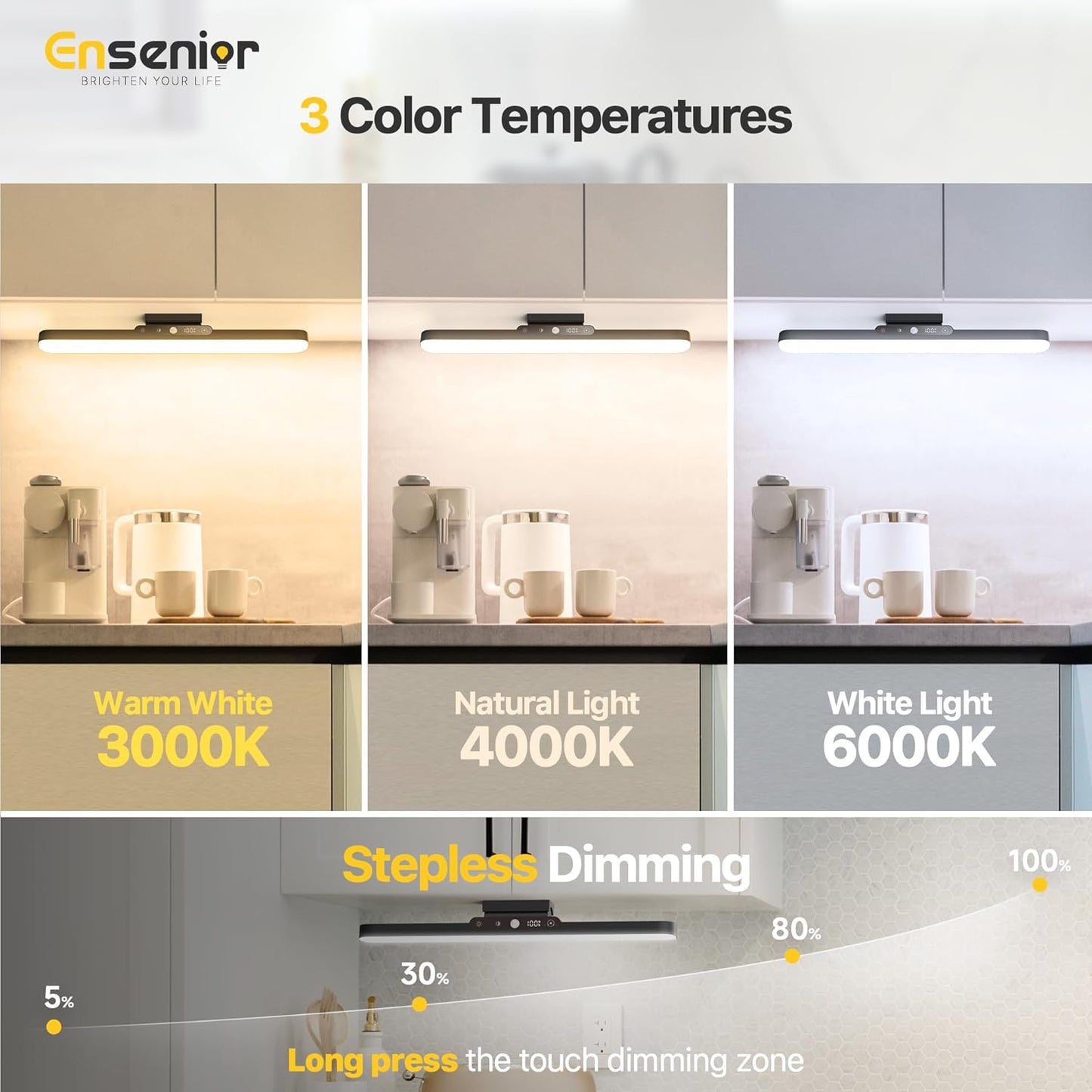 Ensenior Light Bar, 14 inch Rechargeable Under Cabinet Motion Sensor Lighting with Stepless Dimming Magnetic 3CCT Remote 2000mAh, Motion Sensor Light Indoor for Kitchen, Vanity Mirror, Closet, 2 Pack