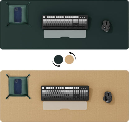 DAWNTREES Dual Sided Desk Mat,Leather Desk Pad,Brown 40"x16",Cork Desk Mat Protector,with PU Leather Valet Tray Organizer,Large Mouse Pad,Desk Writing Pad for Office and Home