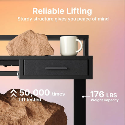 HUANUO 55″ x 26″ Electric Standing Desk with 2 Drawers &24.4″ Large Keyboard Tray, C-Clamp Mount Compatible, Adjustable Computer Desk for Office, Sit Stand Up Desk with 4 Height Presets, Light Walnut