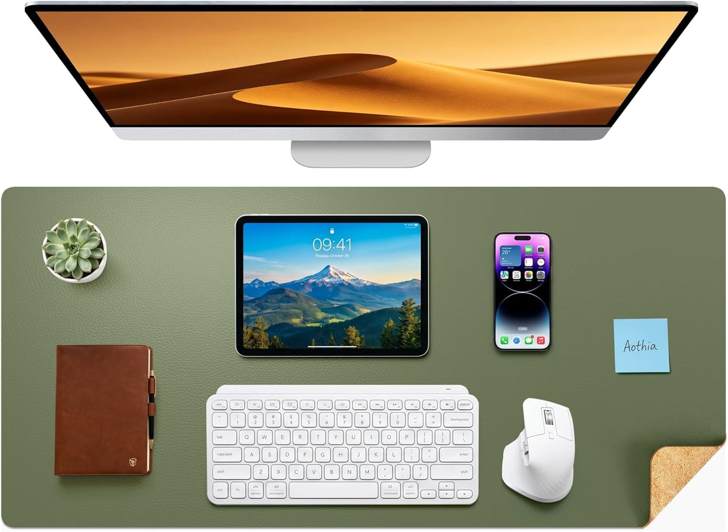 Aothia Dual-Sided Desk Pad - 25.6x13.7 inches Leather Desk Mat, Natural Cork Desk Pad Protector, Large Mouse Pad for Desk, Waterproof Desk Blotter Pad, Desk Writing Pad for Office Work/Home, Black