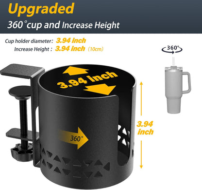 Desk Cup Holder Metal Under Desk 360° Rotating PC Gaming Accessories Anti-Spill Table Cup Holder Clamp on Chair for Coffee Mugs Stanley YETI Bottles, Pencil Holder