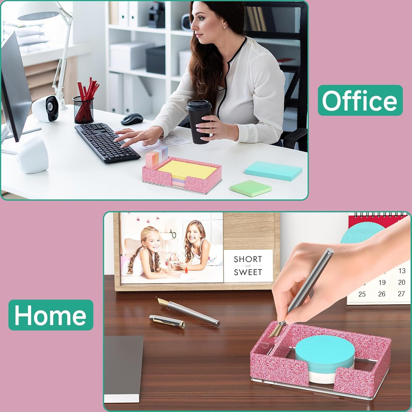 Sticky Note Holder, Glitter Pink Acrylic Notepad Holder 3x3 in Self-Stick Note Dispenser Office Desk Accessories, Memo Pad Holder Organizer for Classroom School Supplies