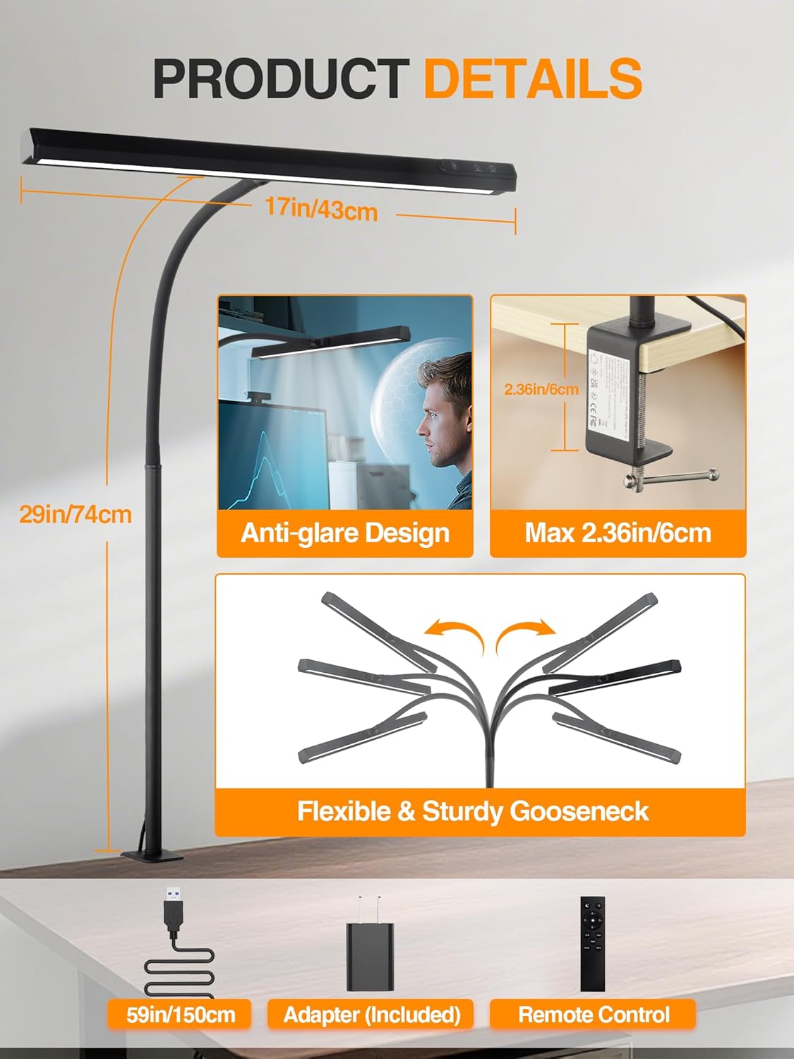LED Desk Lamp for Home Office,5 Color+9 Brightness Office Desk Lamp,1200Lumen Eye Protection Desk Light,Computer Light with Remote Control & Timer for Office/Monitor/Computer/Study/Puzzle