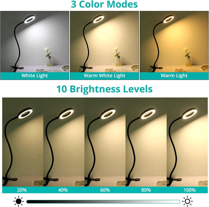Woputne Desk Lamp Clip Light, 10 Dimmable Brightness 3 Light Modes Reading Light, Clamp Bedside Lamp for Painting, Craft, Study (Black)