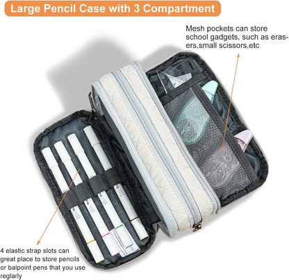 Della Gao Large Pencil Case, Big Capacity Pencil Pouch with 2 Compartments, Office Pencil Bag with Zipper, Big Pen Case for Adults (01-Black)