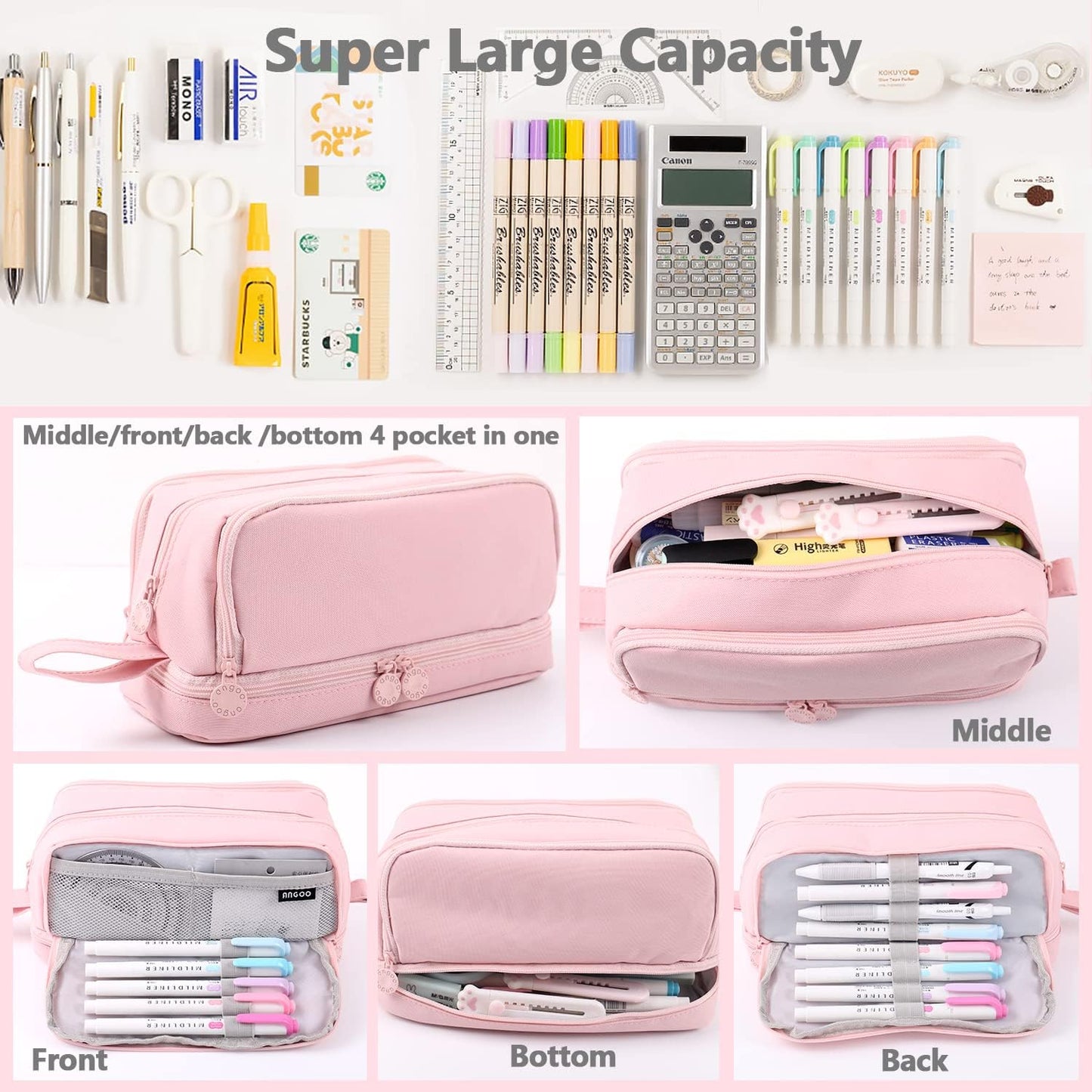 MAMUNU Large Capacity Pencil Case 4 Compartments, Pencil Pouch Bag with Zipper Portable Handle, Pen Case Bag Stationery Organizer for Office College School Adults Teen Girls Boys Men Women, Black