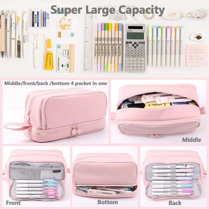 MAMUNU Large Capacity Pencil Case 4 Compartments, Pencil Pouch Bag with Zipper Portable Handle, Pen Case Bag Stationery Organizer for Office College School Adults Teen Girls Boys Men Women, Black