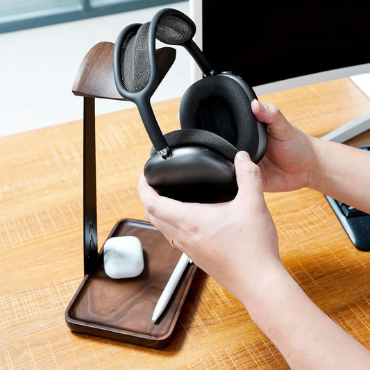 GEVO Headphone Stand, Walnut Wood Headset Stand with Storage Base, Gaming Equipment Accessories for Husband, Teens, Boyfriends, Brothers, and Gamers