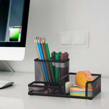 Comix 360° Rotating Pen Holder for Desk, 5 Compartments Office Desk Organizer, Black Mesh Metal Pencil Holder Cup for Office Home School