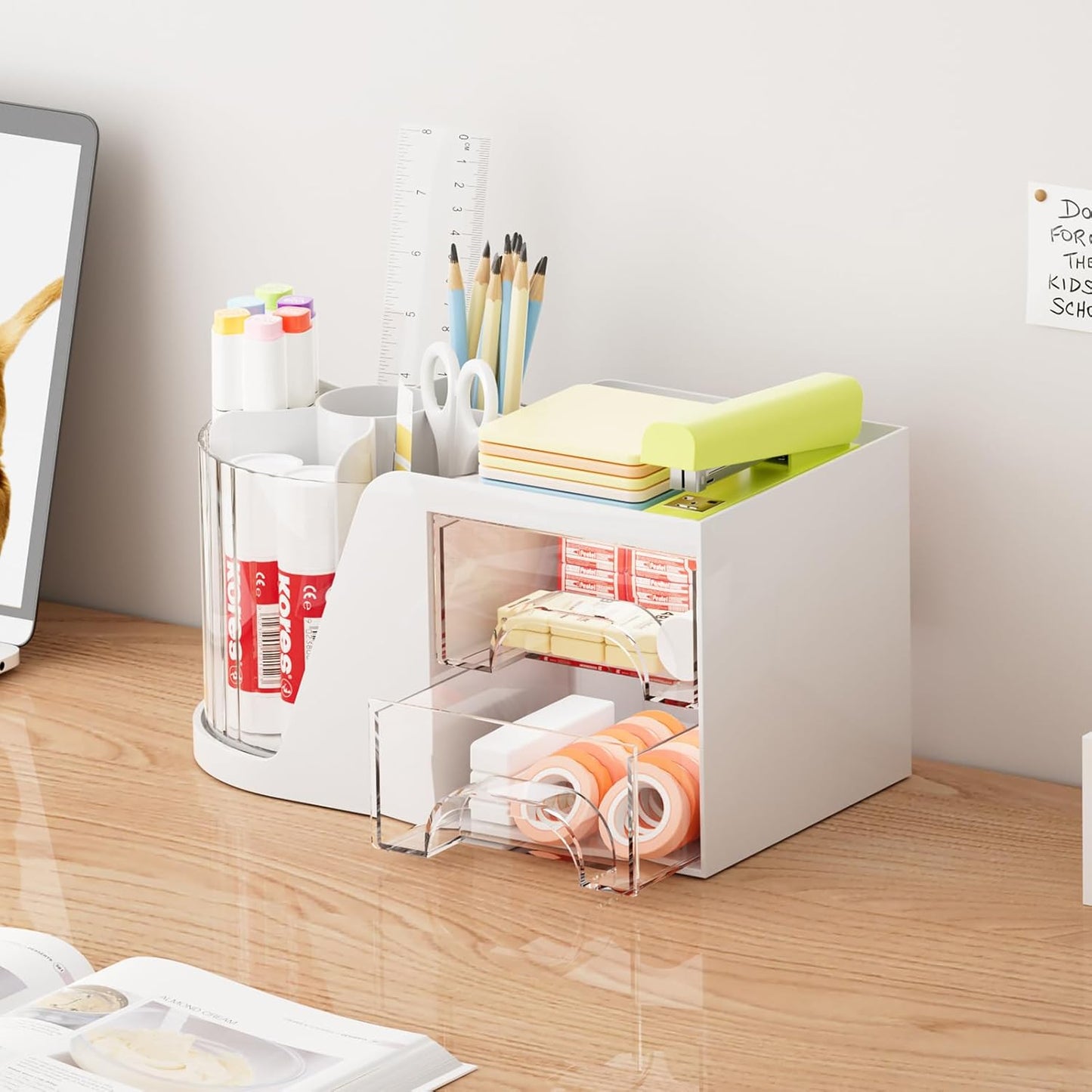 Marbrasse Desk Organizer with 2 Drawer, 360°Rotating Pen Holder, Desk Organizers and Accessories with 6 Slots Pencil Holder + 2 Drawer, Art Supply Storage Box Caddy for Office (Black)