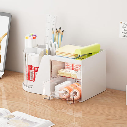 Marbrasse Desk Organizer with 2 Drawer, 360°Rotating Pen Holder, Desk Organizers and Accessories with 6 Slots Pencil Holder + 2 Drawer, Art Supply Storage Box Caddy for Office (Black)