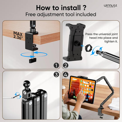 Urmust Tablet Stand for Desk, Adjustable iPad Holder for Bed, 360° Rotation, Sturdy Aluminum Tablet Arm Mount for 4.7"-15.6" iPad Pro/Air/Mini, iPhone, Galaxy Tab, for Kitchen, Work, Video Call