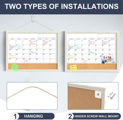 Calendar Whiteboard for Wall, TANKEE 17x13 Inches Whiteboard Calendar Cork Board Combo, Small Magnetic White Board with Wood Framed, Hanging Dry Erase Board for Kitchen Home Office School Planner