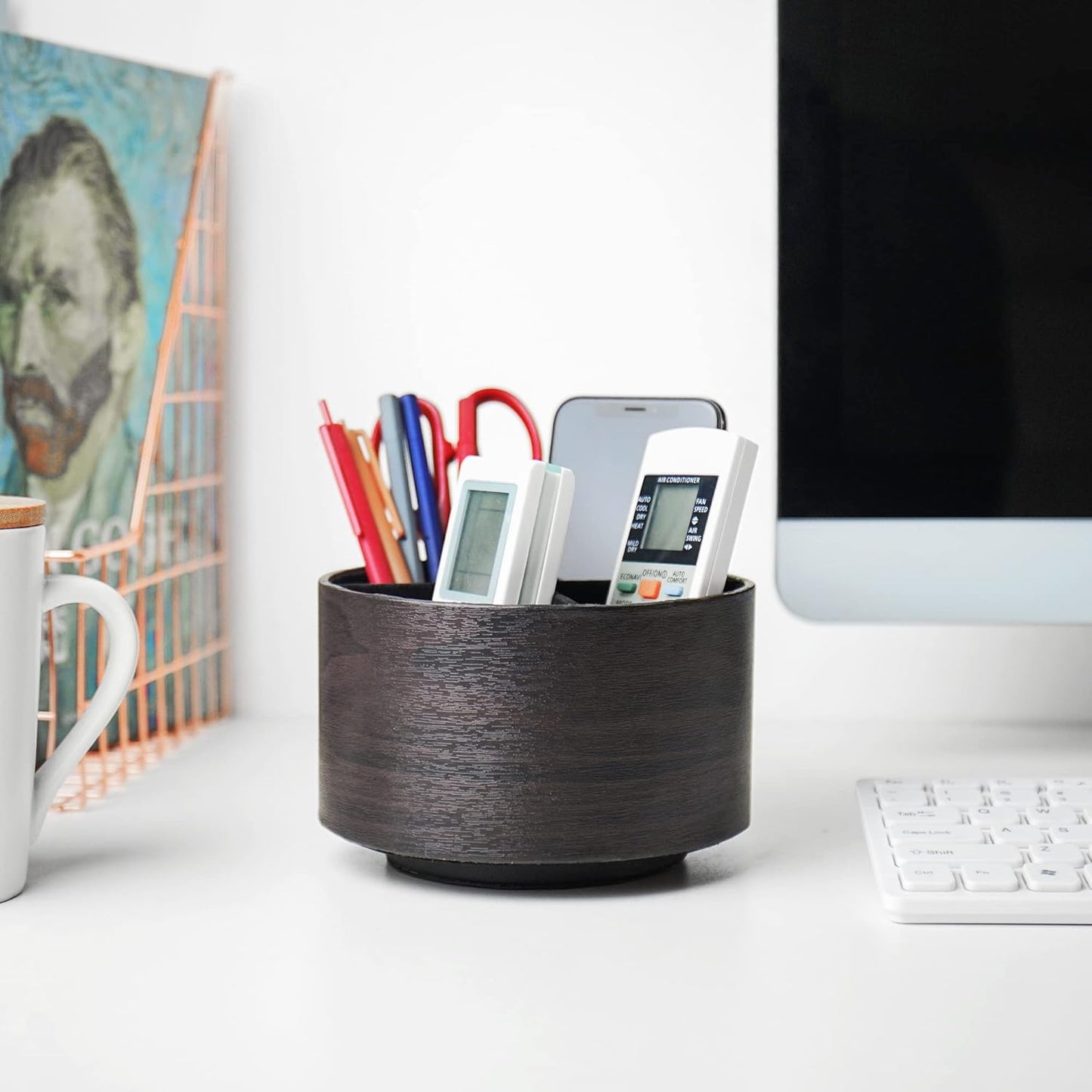 Round Leather Art Supply Organizer,Remote Control Holder,360 Degree Rotating,Multi-Functional Pencil Holder,4 Compartments Desktop Stationary Organizer(1-Fractal Flower) | Round - Colors B