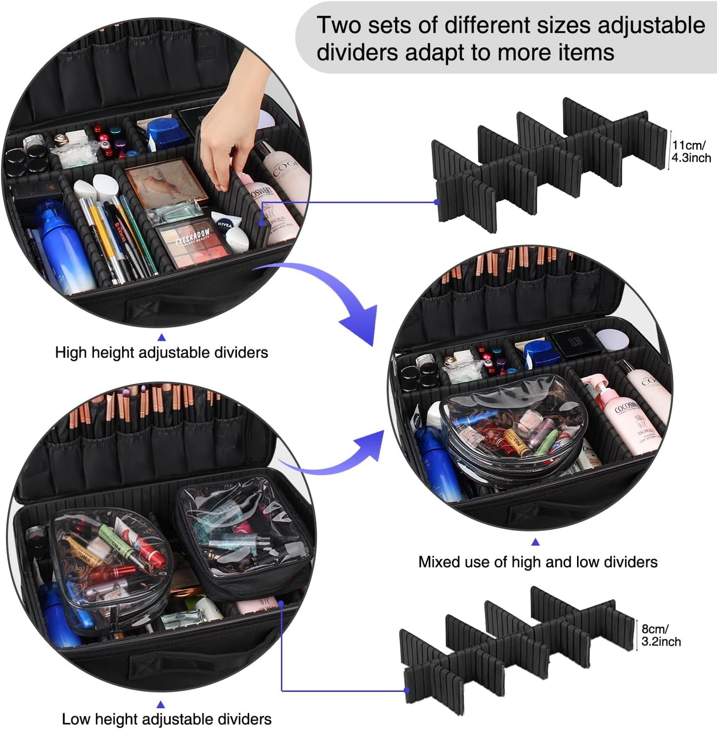 Relavel Makeup Case Large Makeup Bag Professional Train Case 16.5 inches Travel Cosmetic Organizer Brush Holder Waterproof Makeup Artist Storage Box, 3 Layer Large Capacity, with Adjustable Strap