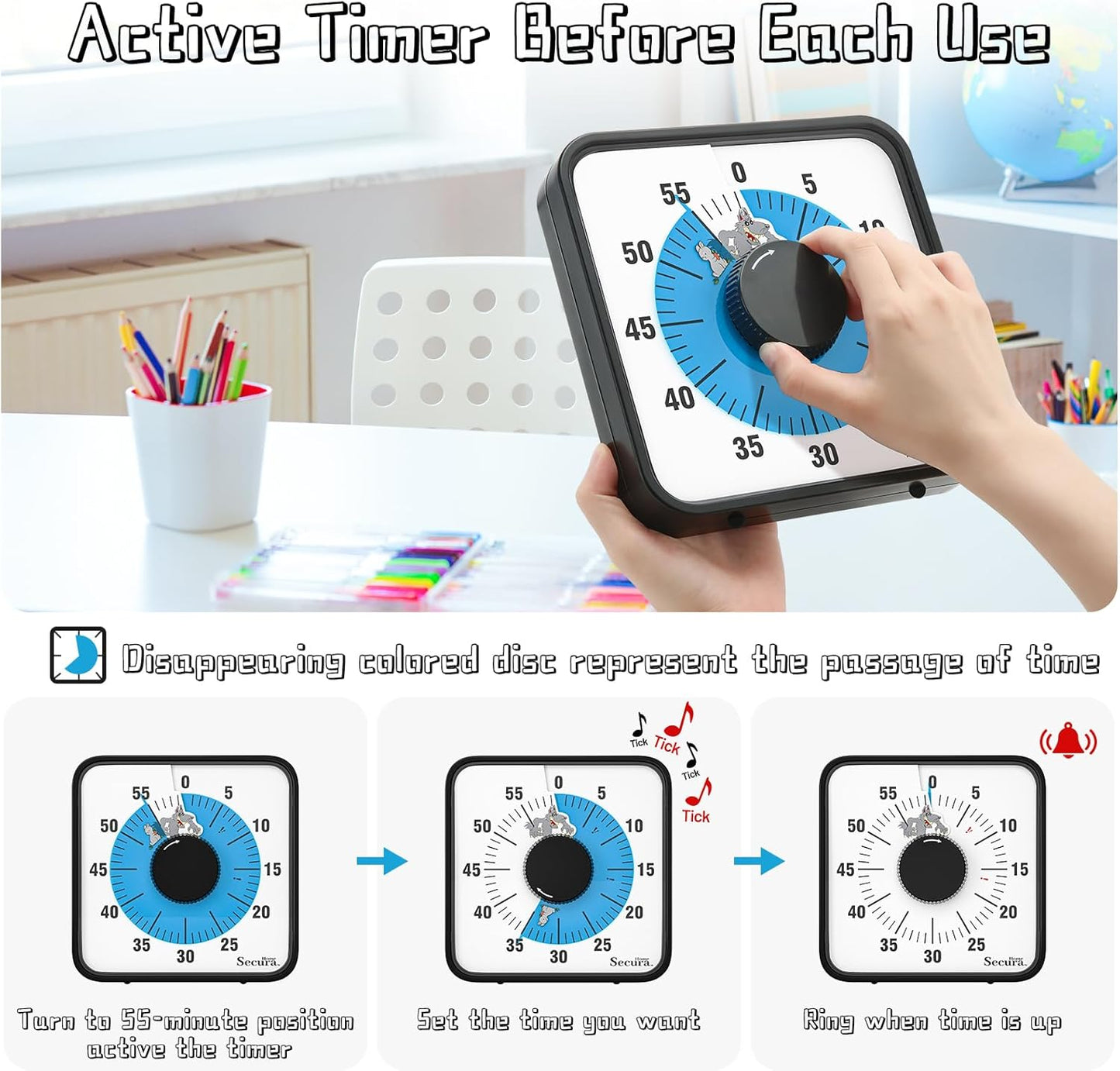Secura Home 60-Minute Visual Timer, 7.5 Inch Oversize Countdown Timer Clock for Kids and Adults, Durable Mechanical Time Management Tool with Magnetic Backing （Dark Green）