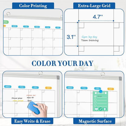 WALGLASS Weekly Dry Erase Calendar Whiteboard for Wall, 24" x 18" Double-Sided Weekly Planner White Board with Notes, Daily Tracker, Aluminum Framed Hanging & Wall Mount for Home, Office, School