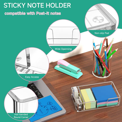 Sticky Note Holder, Glitter Pink Acrylic Notepad Holder 3x3 in Self-Stick Note Dispenser Office Desk Accessories, Memo Pad Holder Organizer for Classroom School Supplies