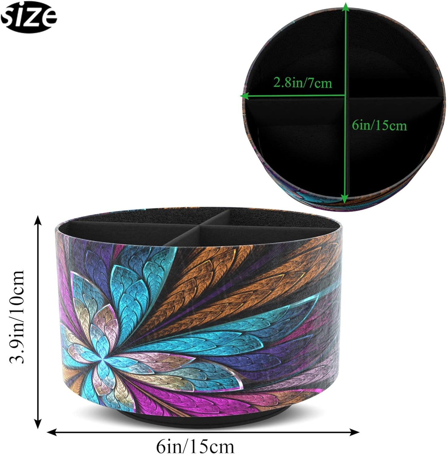 Round Leather Art Supply Organizer,Remote Control Holder,360 Degree Rotating,Multi-Functional Pencil Holder,4 Compartments Desktop Stationary Organizer(1-Fractal Flower) | Round - Colors C