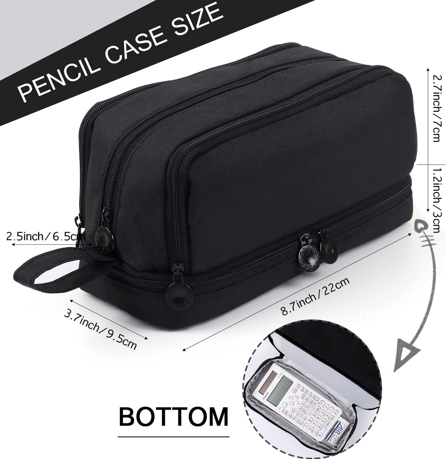 MAMUNU Large Capacity Pencil Case 4 Compartments, Pencil Pouch Bag with Zipper Portable Handle, Pen Case Bag Stationery Organizer for Office College School Adults Teen Girls Boys Men Women, Black
