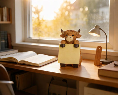 Highland Cow Pop-up Sticky Note Dispenser, Includes 1 Pad of 3x3 in Super Sticky Notes, 100 Sheets, Resin Cute Handmade Desk Holder for Office & Home-Beige
