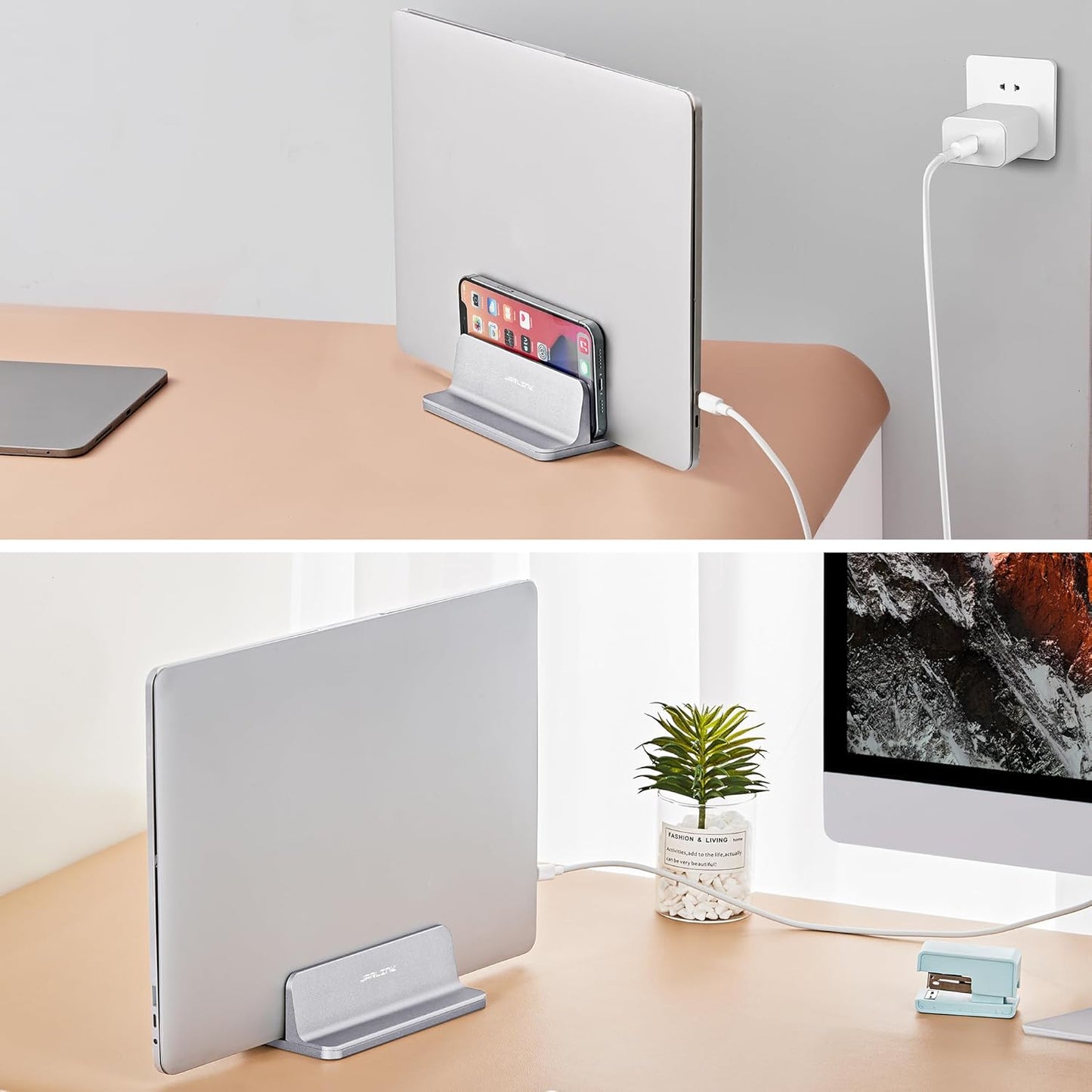 JARLINK Vertical Laptop Stand Holder, Aluminum Double Desktop Stand Holder with Adjustable Dock (Up to 17.3 inch), Compatible with MacBook, Surface, Chromebook, and Gaming Laptops, Silver