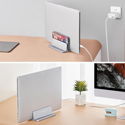JARLINK Vertical Laptop Stand Holder, Aluminum Double Desktop Stand Holder with Adjustable Dock (Up to 17.3 inch), Compatible with MacBook, Surface, Chromebook, and Gaming Laptops, Silver