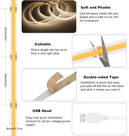 USB Light Strip Warm White 3000K CRI 92+ Small Dimmable COB LED Strip Light Cuttable 5V USB Powered 6 ft 10W for TV Backlight Cabinet Bedroom Indoor DIY Lighting Project
