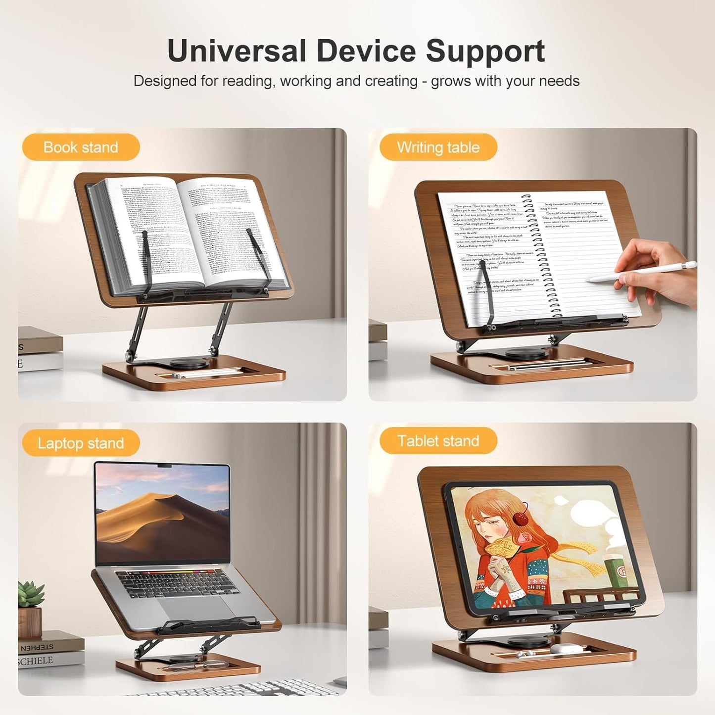 OPTIXCELL Book Stand for Reading with Light, Book Holders for Reading Hands Free, Adjustable Height & Angle, Fits Cookbook Recipe, Textbook, Foldable for Kitchen, Office, School,Gift for Book Lovers