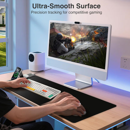 Wireless Charging Mouse Pad with Foldable Phone Holder, 31.5"x15.8" Large Desk Mat for Laptop/Keyboard, Waterproof Ultra-Smooth Surface, Non-Slip Base, Black