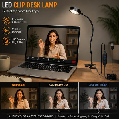 USB Clip-On Desk Lamp with 3 Color Modes, Adjustable Brightness, Gooseneck, 1 Minute Timer, Book Light for Reading Book in Bed at Night Clip on Table, headboard, Dorm, (Warm+Cool White, 8W)