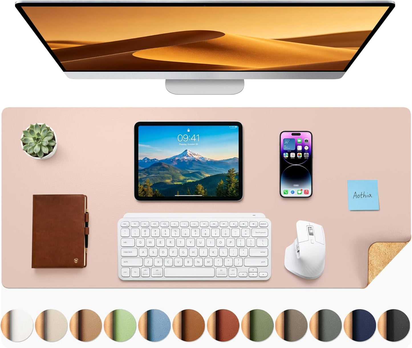 Aothia Dual-Sided Desk Pad - 25.6x13.7 inches Leather Desk Mat, Natural Cork Desk Pad Protector, Large Mouse Pad for Desk, Waterproof Desk Blotter Pad, Desk Writing Pad for Office Work/Home, Black