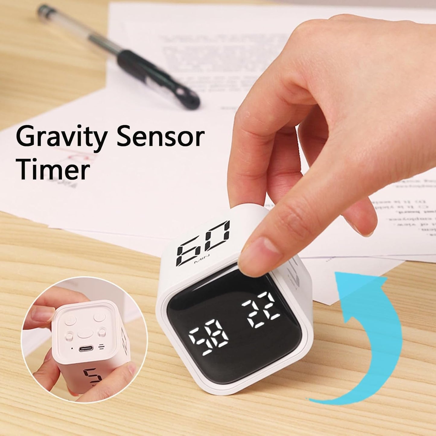 Rotating Cube Timer - 5/30/10/60min Presets, Gravity Sensor Pomodoro Stopwatch, 3 Sound Modes, ADHD Study Tool for Office/Kitchen/Classroom (F4 White)