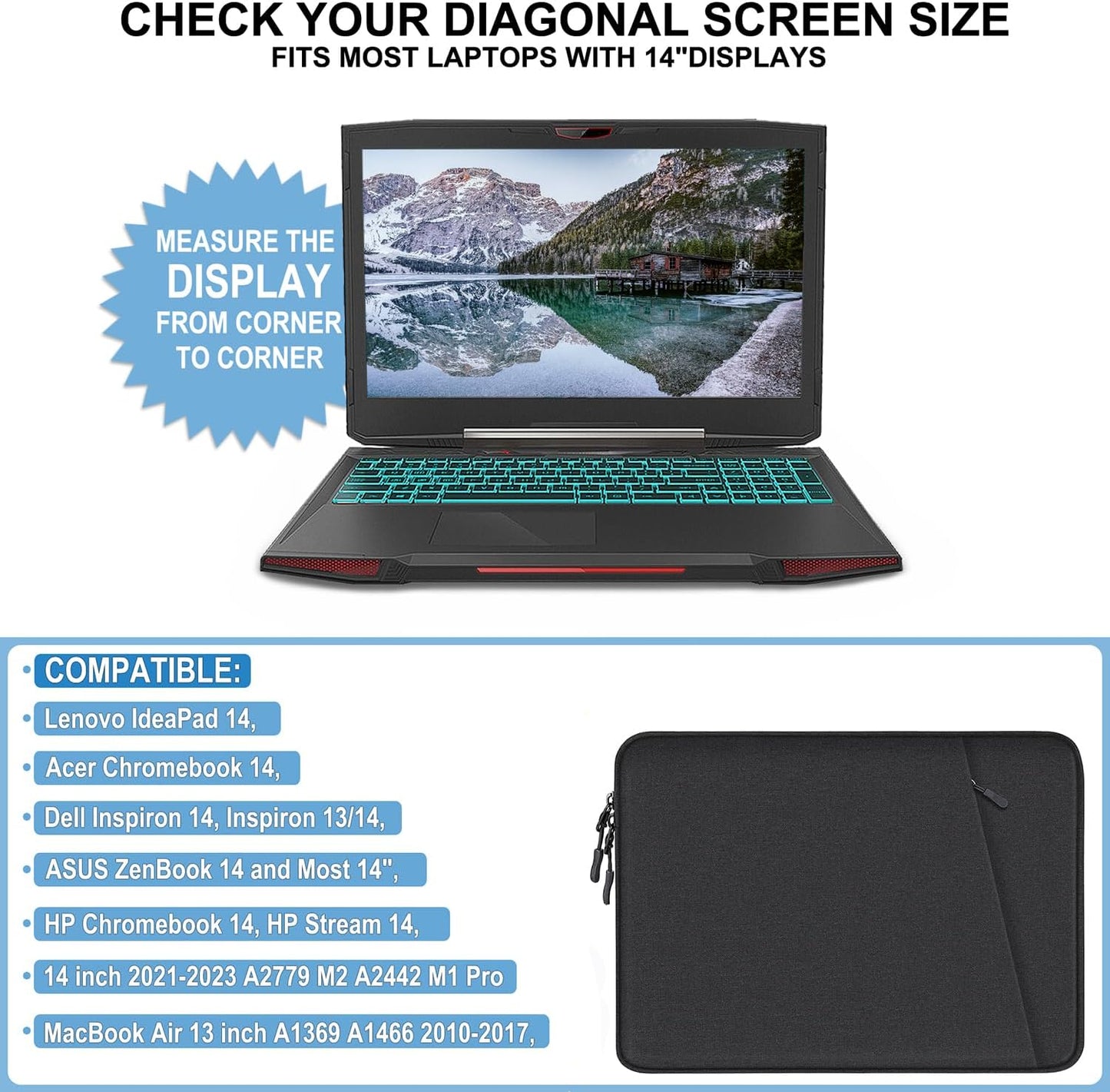 Laptop Sleeve Case 13.3 inch, Shockproof Protective Computer Cover with Accessories Pocket, Portable Laptop Bag Compatible with MacBook Air/Pro 13-13.3 inch, Compatible for MacBook Pro 14 inch, Black | Shockproof