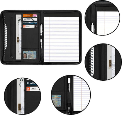 Zippered Portfolio Organizer/ A4 Refillable Lined Writing Notepad Folder Case/Fabric-Covered Padfolio Binder with Interior Storage Pocket for Men Women.Classic Black