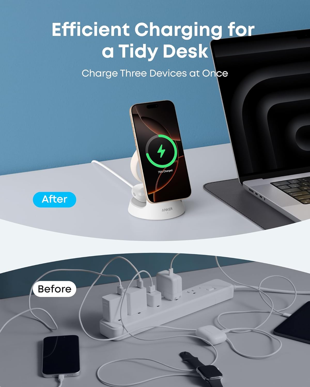 Anker MagSafe Charger Compatible, MagGo 3-in-1 Charging Station, Nano Charging Stand, Qi2 Certified 15W Magnetic Wireless Charger Dock, for iPhone17/16/15/14, Apple Watch,AirPods (Adapter Included)