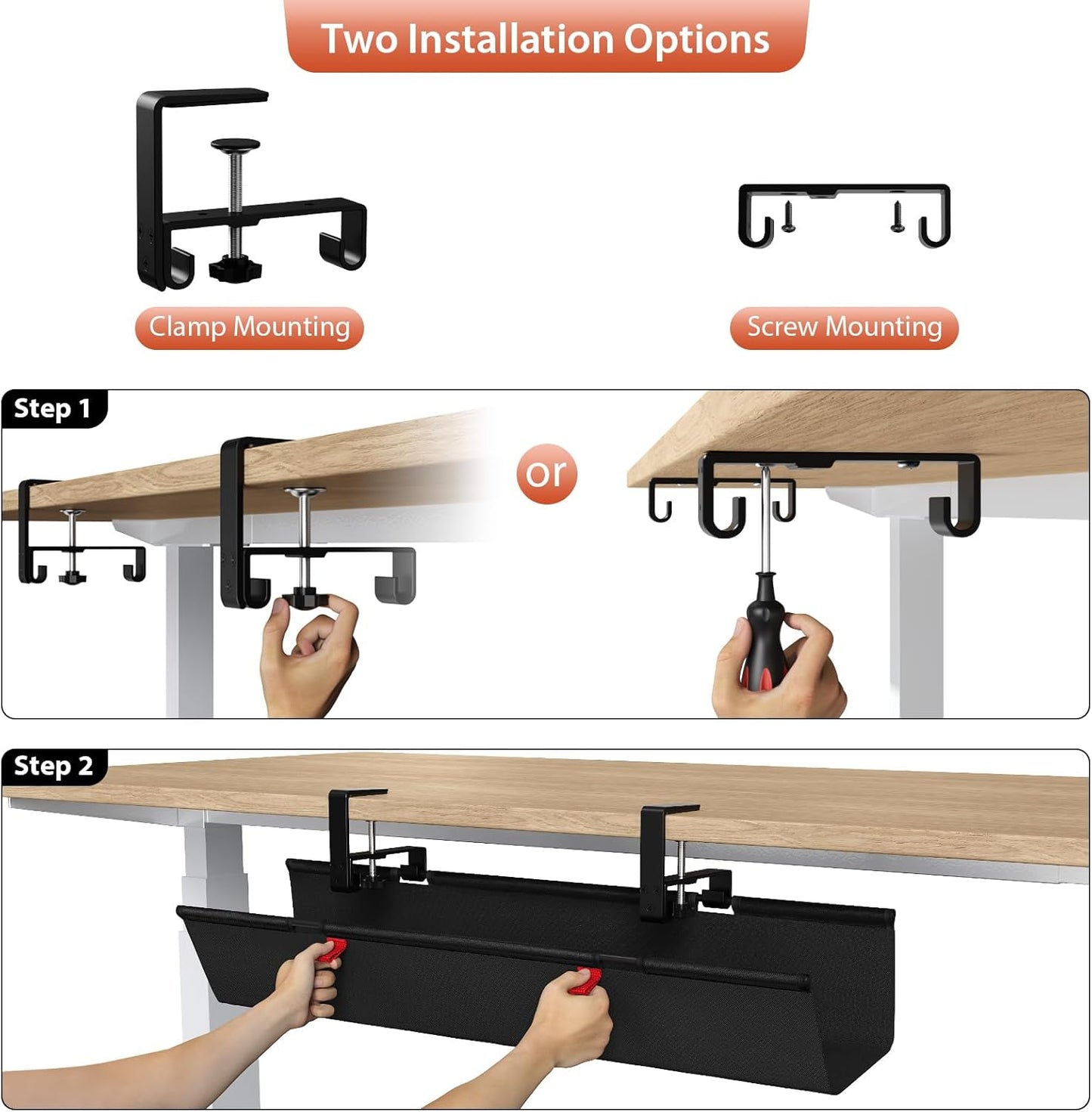 Univivi No Drill Under Desk Cable Management Tray, 36" Cord Organizer for Table, Clamp/Screw Mount Desk Cable Management, Premium Fabric Cable Management Tray for Office, Home