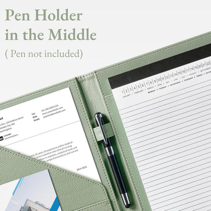Mymazn Padfolio Portfolio Folder, Faux Leather Interview Resume Folder with Document Organizer & Business Card Holder, Letter-Sized Notepad Legal Pad Holder for Men Women (Sage Green)
