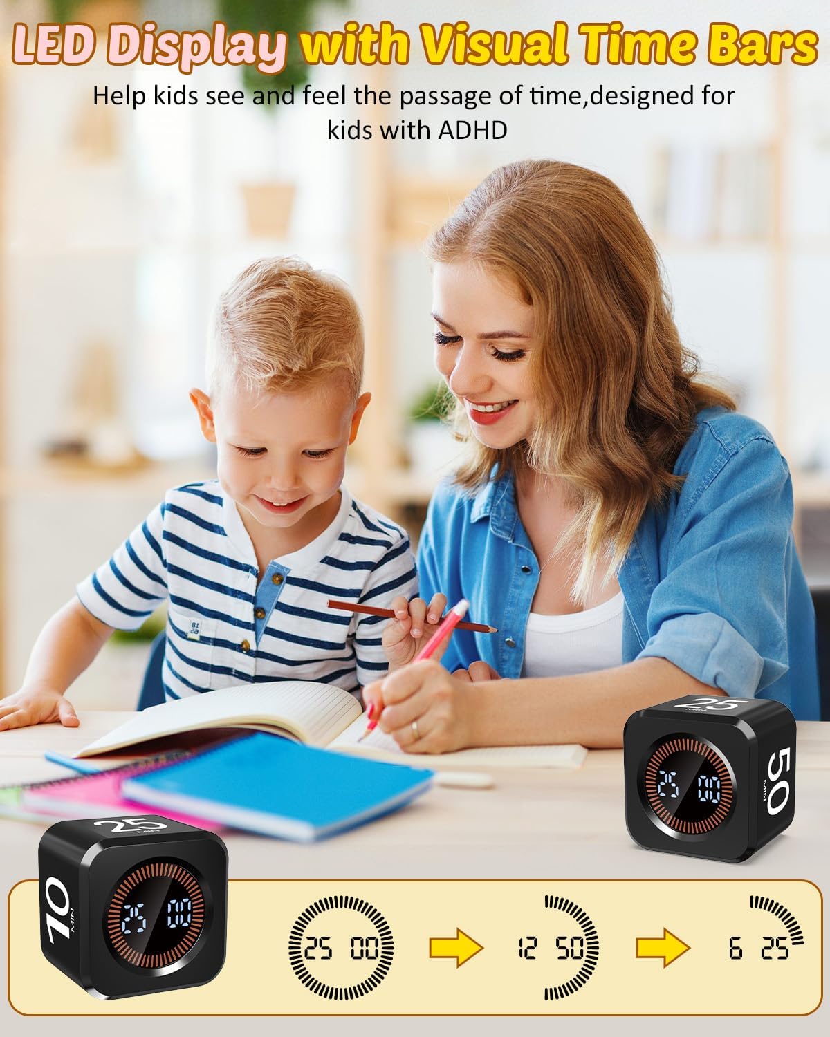 Digital Pomodoro Timer Cube 5/10/25/50min, Visual Productivity Flip Timer for Kids Classroom Desk, Custom Countdown, Silent and Sound Mode for ADHD Study Work Game Kitchen (Pink)