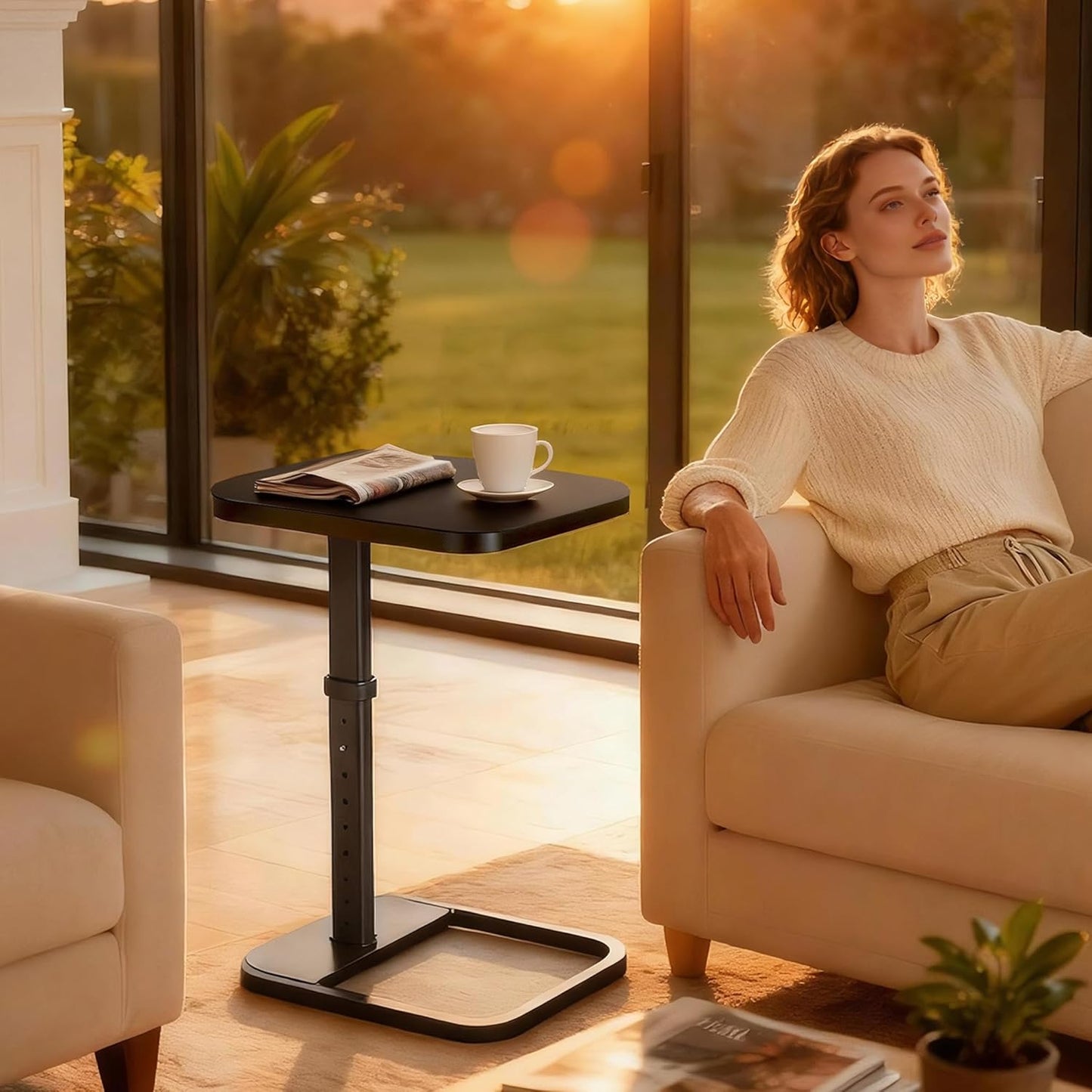 Kitstorack TV Tray Table, Adjustable Height & Flip-Top & Rounded Metal Corners, Snack Table for Couch, Sofa, Bed, Chair, Living Room, C Shaped End Side Table for Eating, Dinner or Laptop, Small Spaces