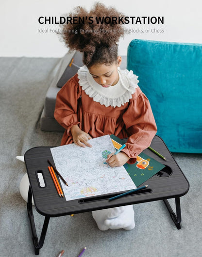 ZEAPTAC Laptop Bed Desk, Foldable Lap Desk, Portable Lap Table, Laptop Stand with Cup Holder, Tablet Slot & Lifting Handle for Work, Write, Draw & Eat on Bed, Sofa or Couch - Pink