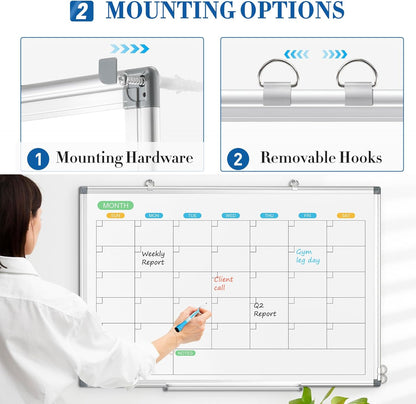 WALGLASS Weekly Dry Erase Calendar Whiteboard for Wall, 24" x 18" Double-Sided Weekly Planner White Board with Notes, Daily Tracker, Aluminum Framed Hanging & Wall Mount for Home, Office, School