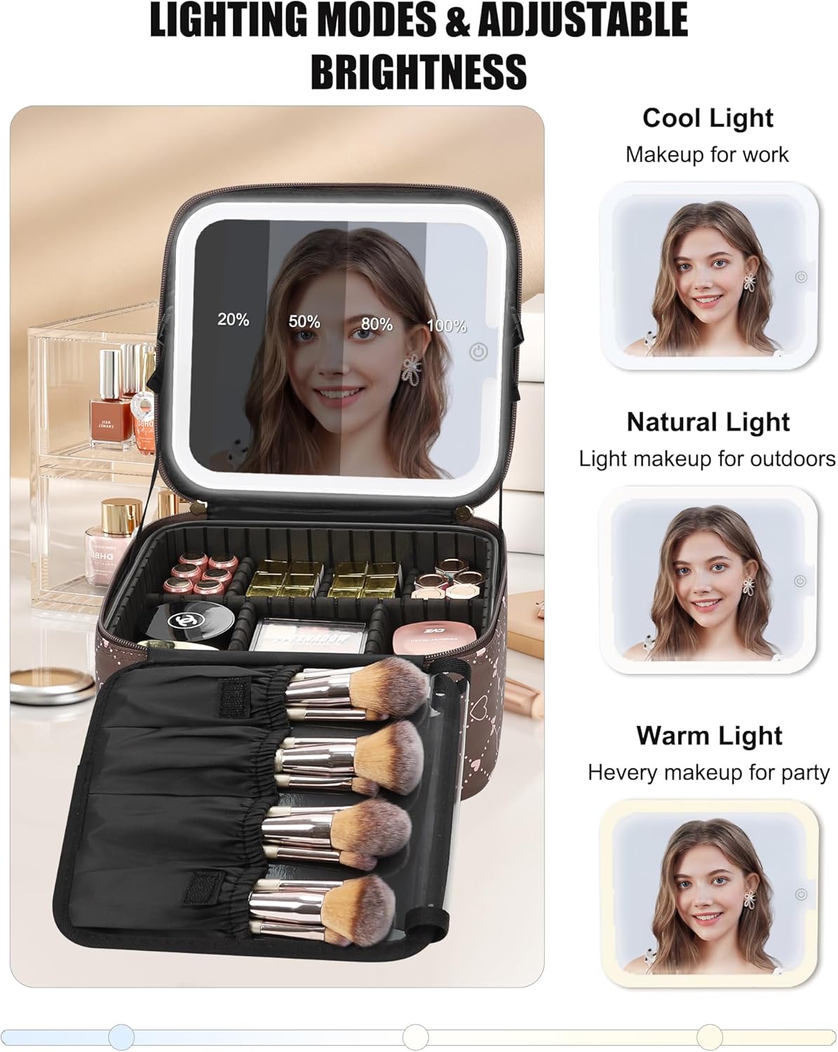 Relavel Travel Makeup Bag With LED Mirror, Cosmetic Train Case with Light up Mirror, Portable Makeup Artist Organizer Bag with Adjustable Dividers, Makeup Brush Holder Storage, Black