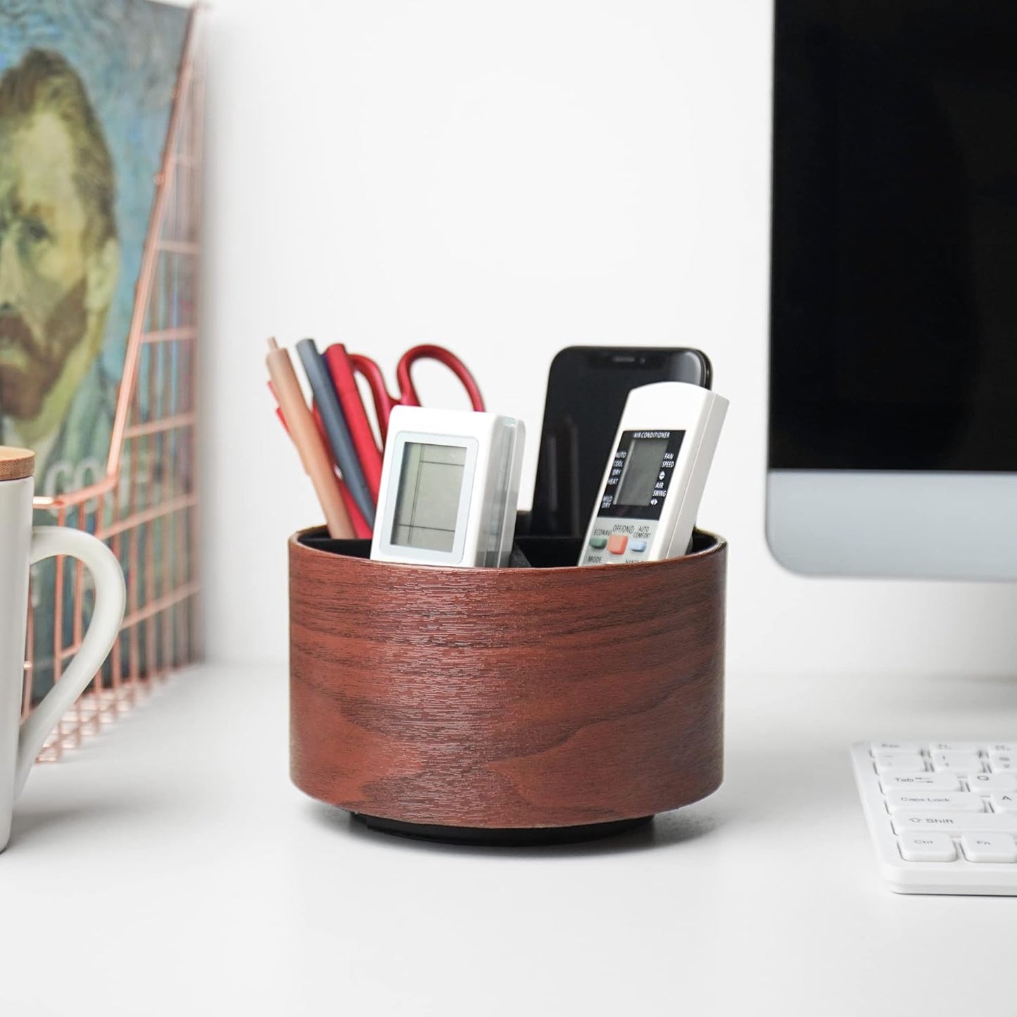 Round Leather Art Supply Organizer,Remote Control Holder,360 Degree Rotating,Multi-Functional Pencil Holder,4 Compartments Desktop Stationary Organizer(1-Fractal Flower) | Round - Colors B