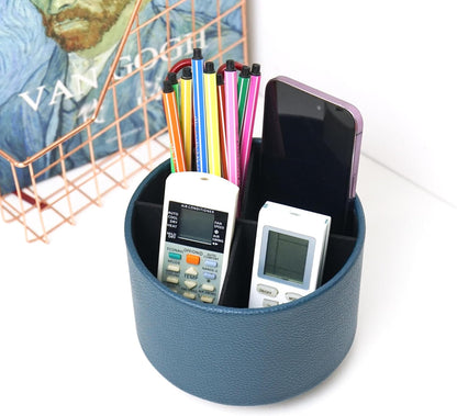 Round Leather Art Supply Organizer,Remote Control Holder,360 Degree Rotating,Multi-Functional Pencil Holder,4 Compartments Desktop Stationary Organizer(1-Fractal Flower) | Round - Colors C