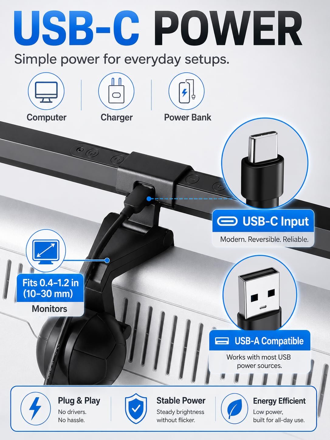 Laptop Monitor Light Bar, USB e-Reading LED Task Lamp, 3 Adjustable Color Temperature, 10 Dimming Brightness Levels, No Screen Glare, Space Saving, Eye Health Care, Portable for Travel