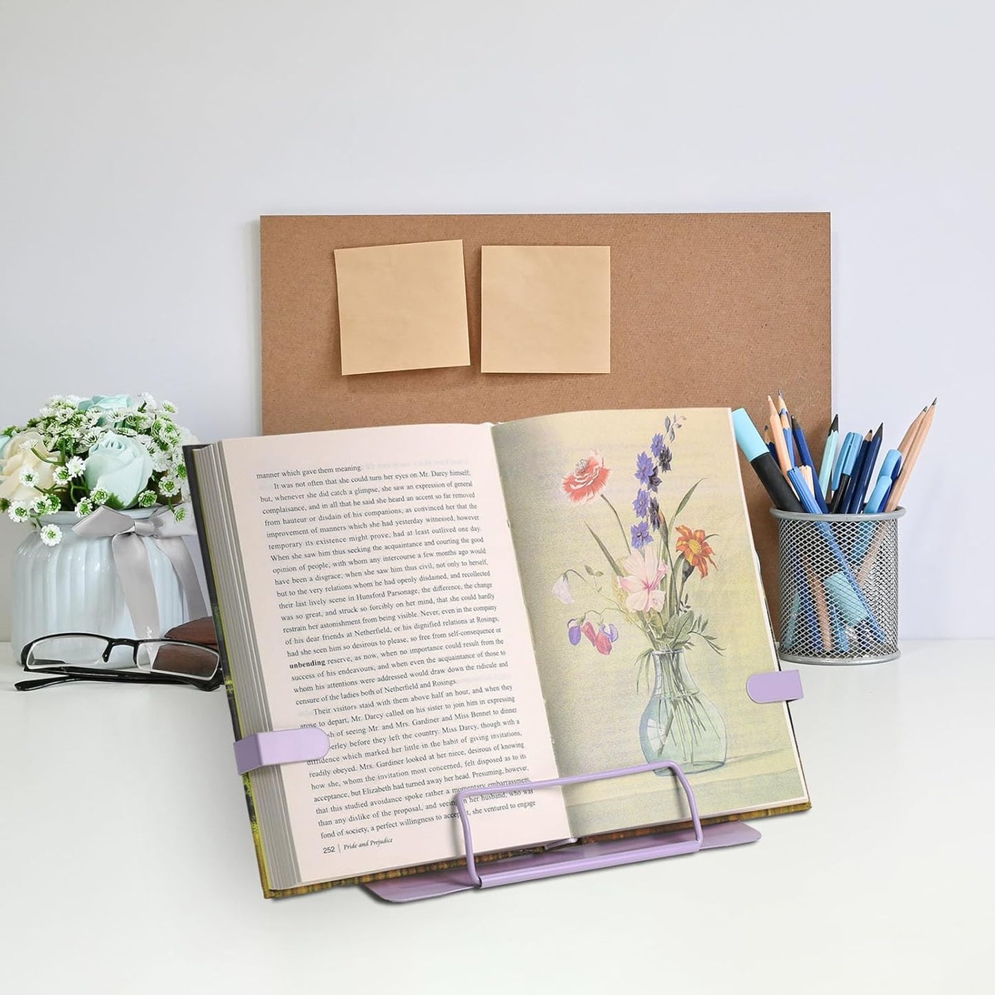 Metal Desk Book Stand for Reading with Adjustable Clips, Hands-Free Foldable Book Holder for Kids, Portable Document Stand for Desk, Display Stand for Recipes, Cookbooks, Tablets - Black