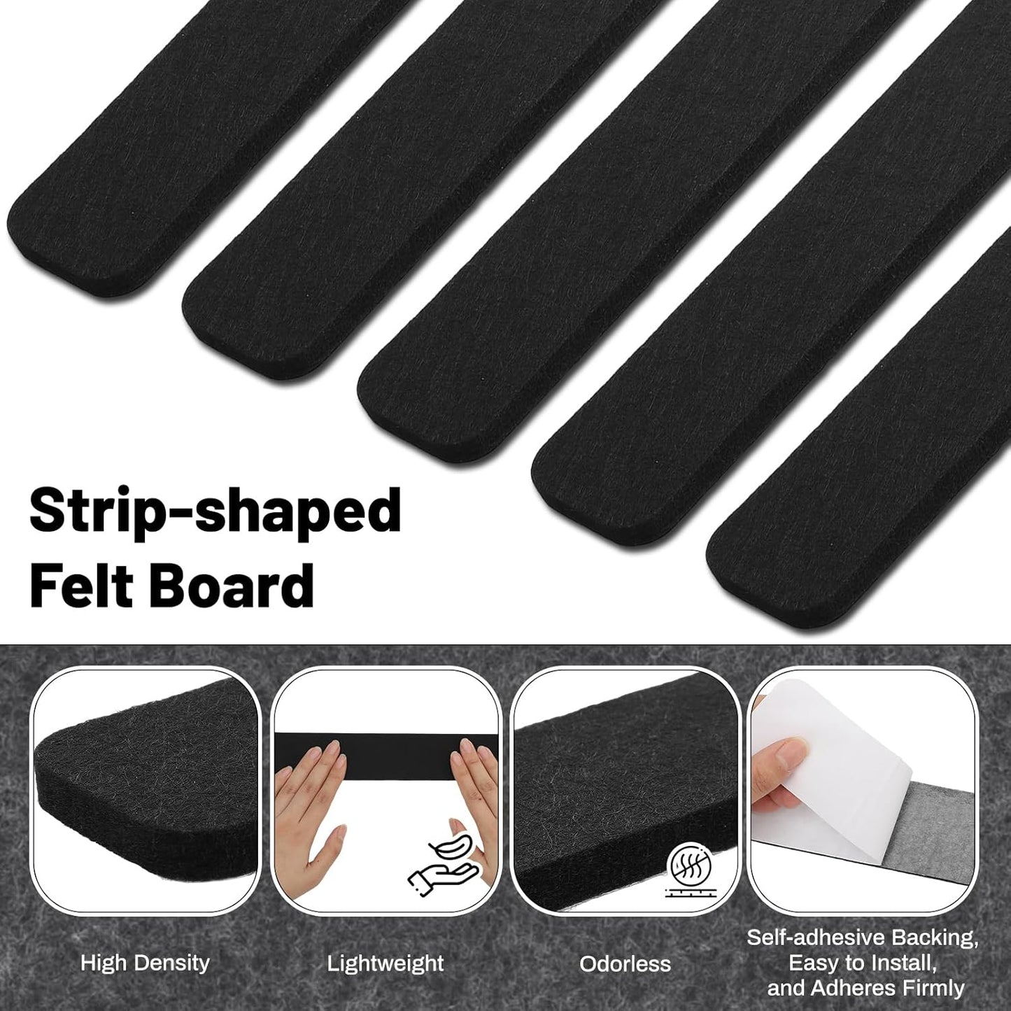 Thboxes 5 Pack Felt Bulletin Board Strips, 13x2 Inch Self Adhesive Felt Pin Boards with 30 Pushpins, Cork Board for Walls Home Office Decor(Black)