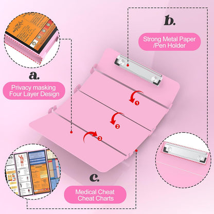 Nursing Clipboard Foldable-4 Layers Aluminum Nurse Foldable Clipboard Nursing Medical Edition Cheat Sheets, Pocket Size Pen Clip for Nurses Students School and Doctors-Pink